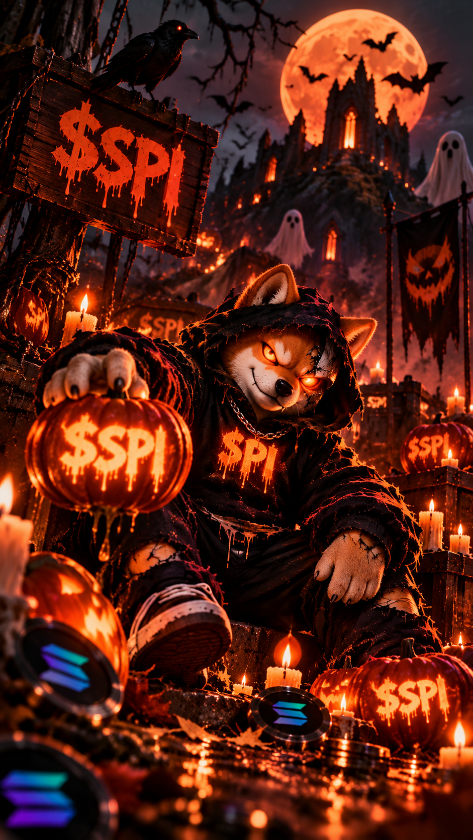 The $SPI Shiba mascot sitting in a haunted graveyard among candles, carved $SPI pumpkins and Solana coins